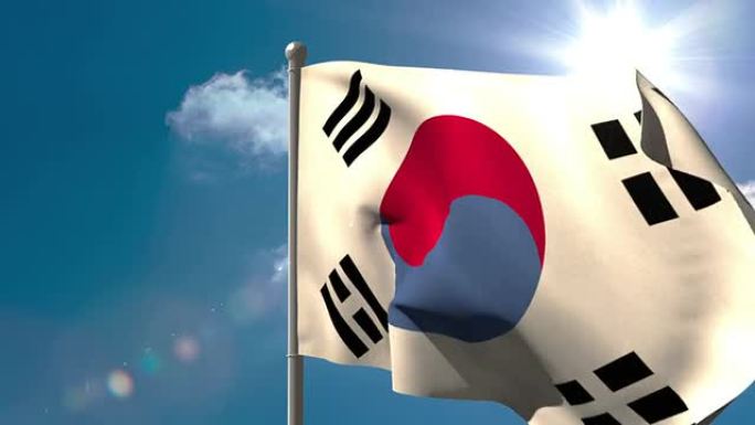 大韩民国国旗在旗杆上挥舞