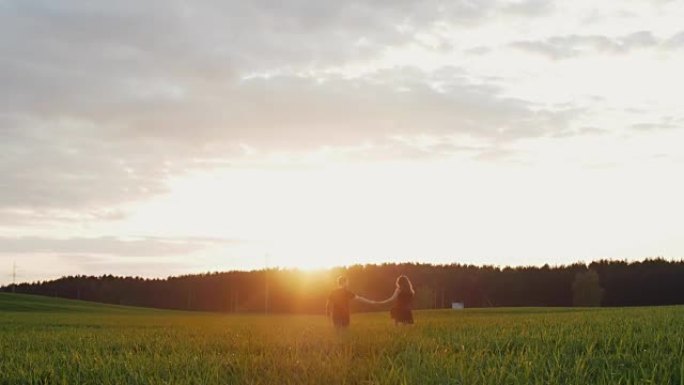 日落时分，年轻夫妇在田野里散步的美丽背景图。他们远离相机，牵着手。慢mo