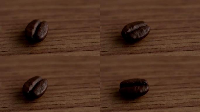 咖啡豆在木质表面旋转