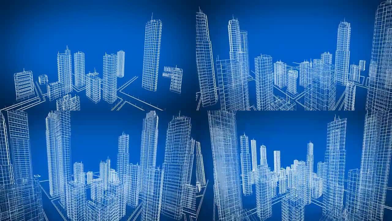 飞越成长中的城市。当代建筑的美丽3d蓝图。蓝色3d动画。建设和技术概念。