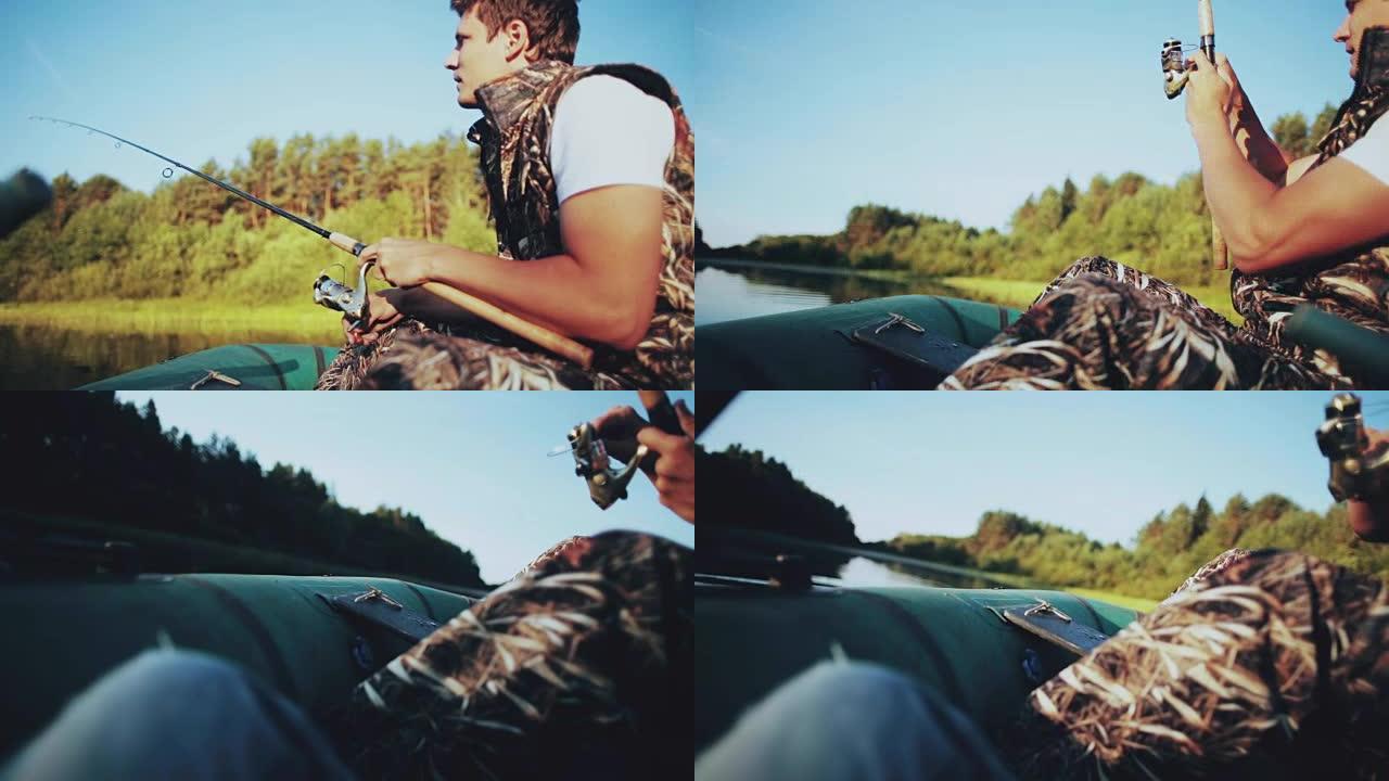 孤独的年轻人坐在橡皮船上，在湖边钓鱼。雄性拿着鱼竿，抓住咬人的鱼