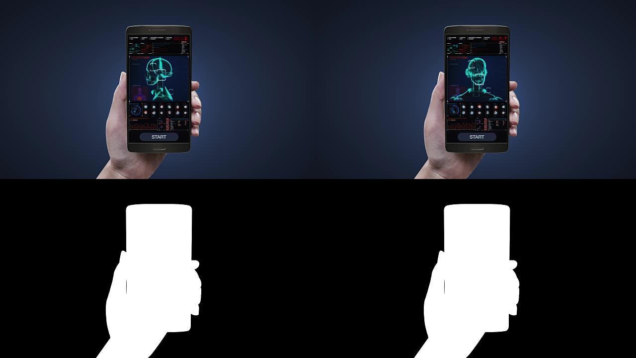在移动屏幕上触摸机器人控制应用程序，在数字界面中扫描3D机器人头。显示。