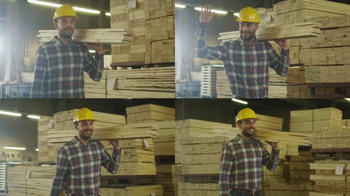 安全帽的木材厂工人在仓库里搬运木材，同时问候同事。
