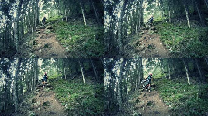 山地自行车视频：森林中崎岖不平的赛道