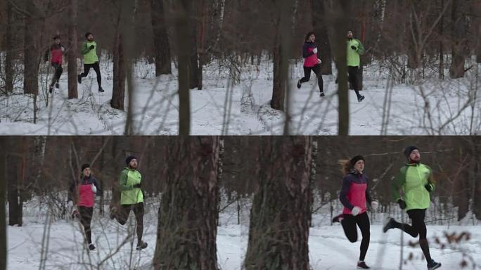 男女练习冬季越野跑步
