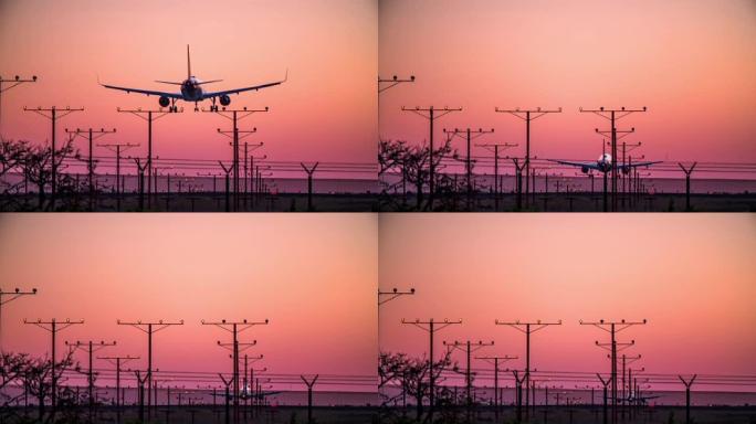 飞机在黄昏时降落在洛杉矶国际机场