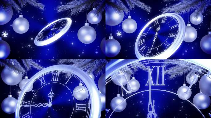 蓝色背景上的银色新年时钟倒计时