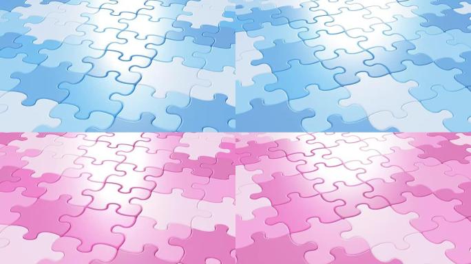 下降拼图碎片蓝色和粉红色的桌子上的3d动画。性别概念。绿屏阿尔法面具。