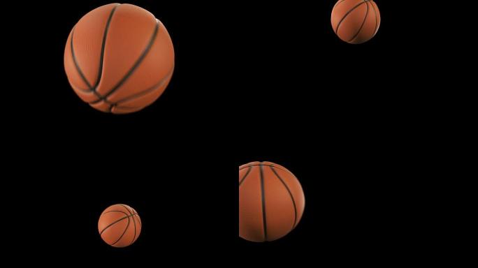 一套4个视频。美丽的篮球带照明弹在黑色上慢动作投掷。飞球的篮球3d动画。4k超高清3840x2160