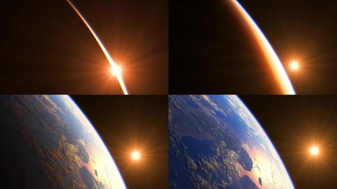 地球上空的日出。从太空看到地球的惊人景色。4K.超高清。3840x2160。
