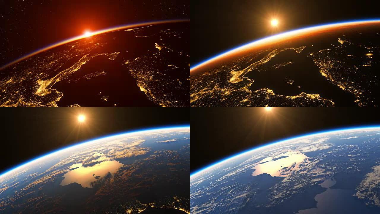 太空中的日出。地球欧洲区的惊人夜景。4K。