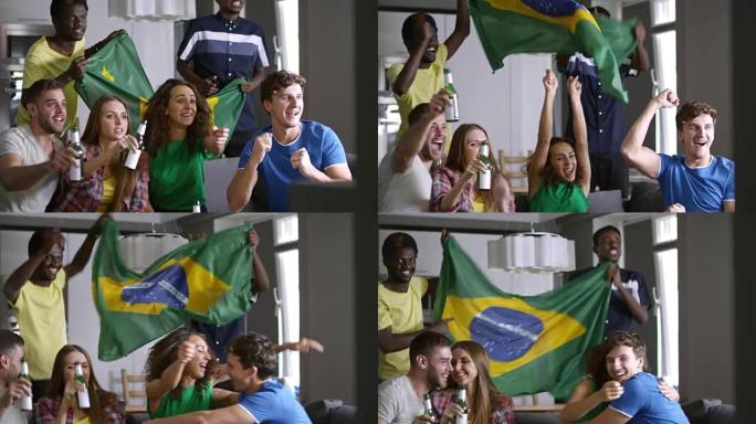 巴西运动队的球迷在看电视比赛和庆祝进球