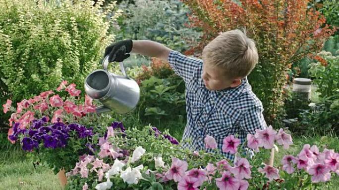 男孩在花园里浇花