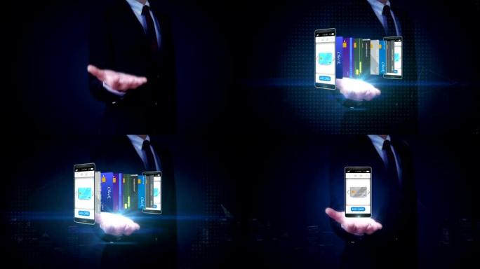 商人打开手掌，选择智能手机中的信用卡，移动，移动支付的概念，选择主要的移动信用卡。