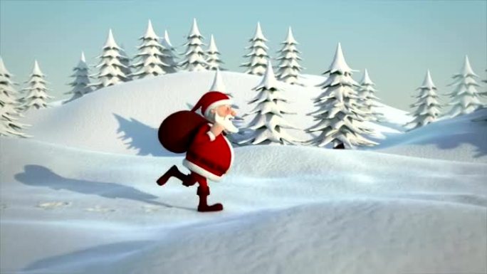 圣诞老人在白雪皑皑的风景中奔跑