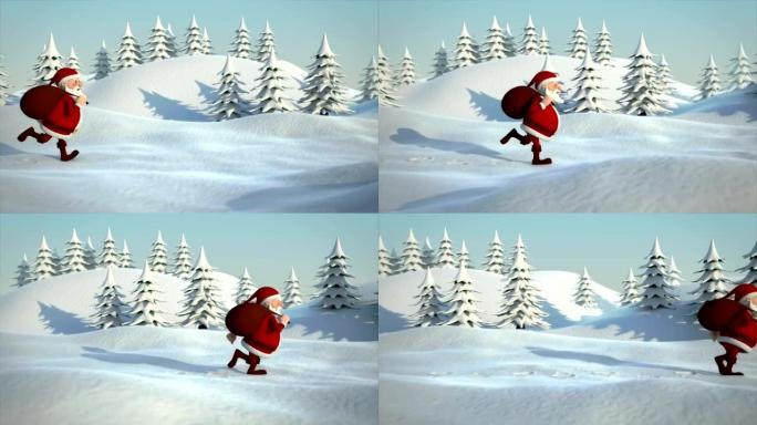圣诞老人在白雪皑皑的风景中奔跑