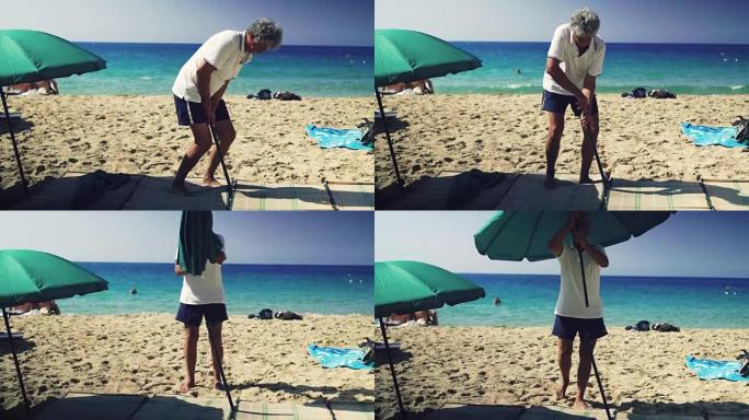 男子搭起沙滩伞