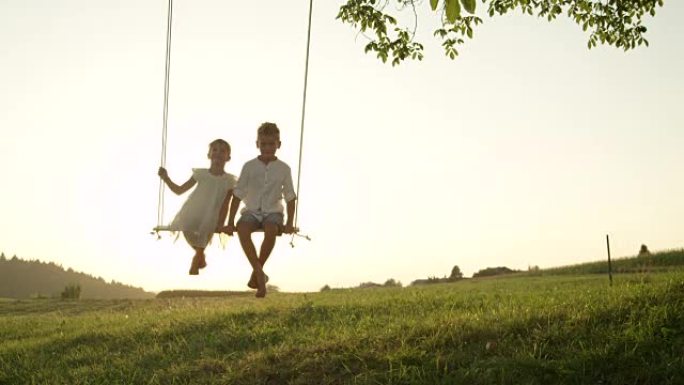 慢动作: 微笑的夫妇孩子在金色的夏日日落时在木秋千上摇摆