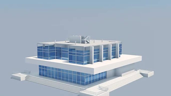 在阳光普照的大楼摩天大楼上飞翔。延时的美丽3d动画。建设和技术概念。3d动画。