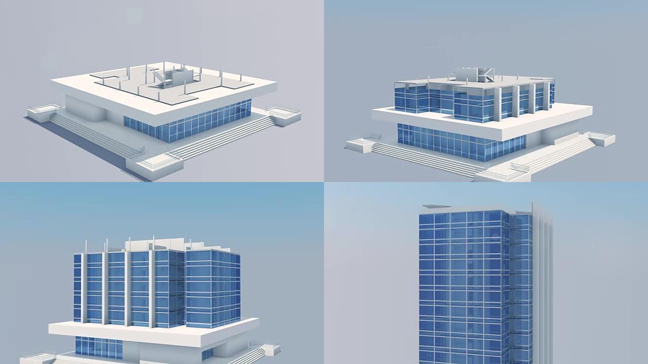 在阳光普照的大楼摩天大楼上飞翔。延时的美丽3d动画。建设和技术概念。3d动画。