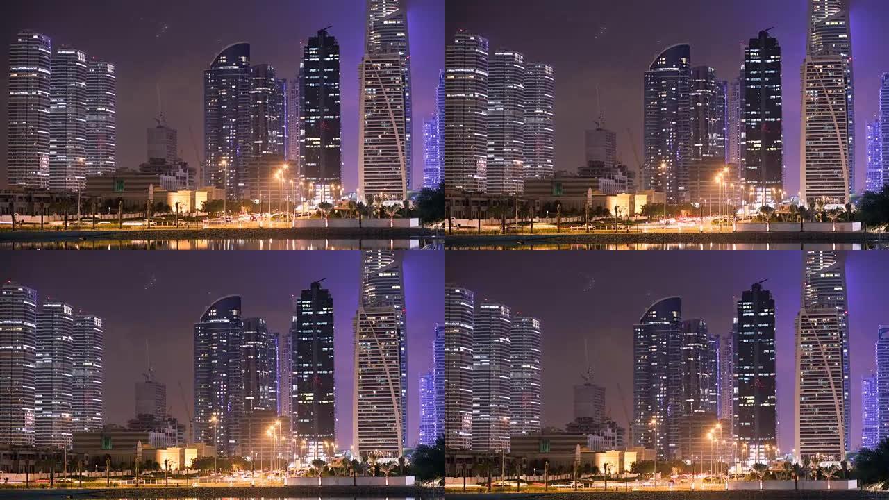 迪拜谢赫扎耶德路摩天大楼的延时景观