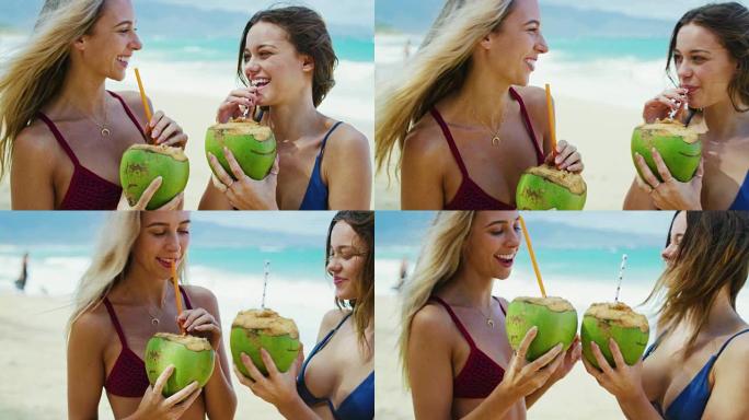喝椰子的漂亮女孩外国人海边度假视频素材