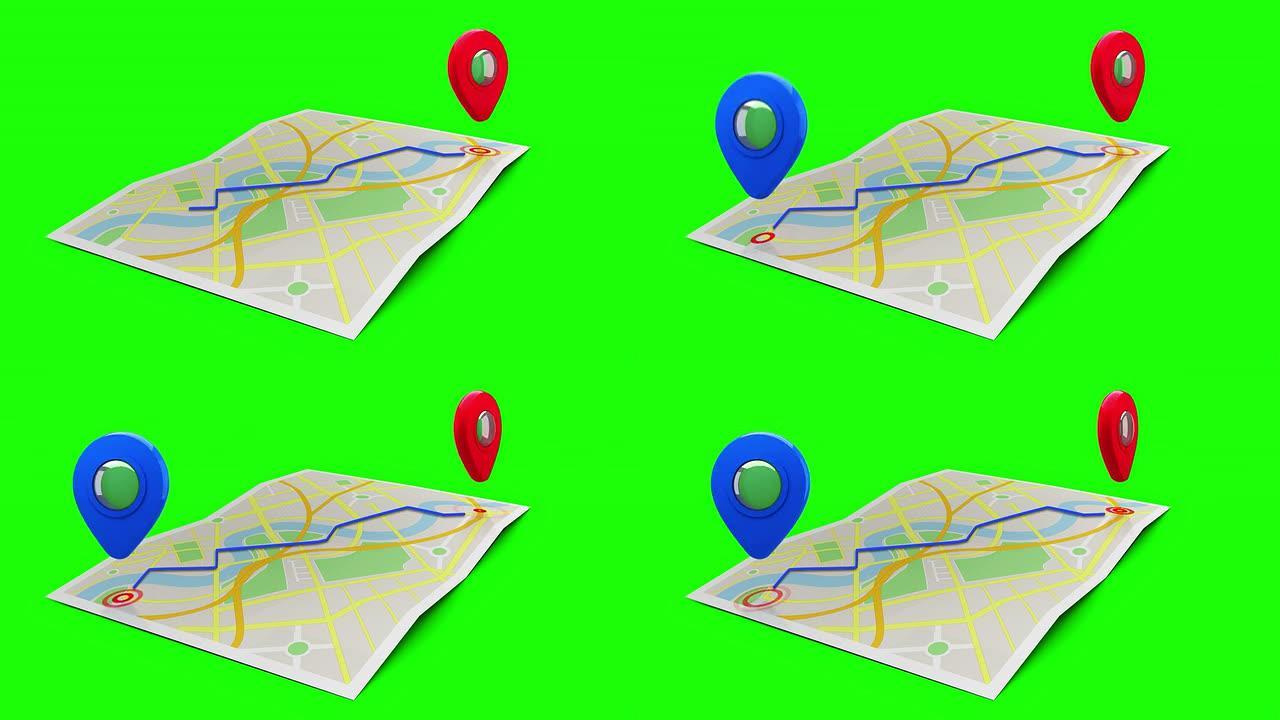红色标记在城镇地图上显示道路