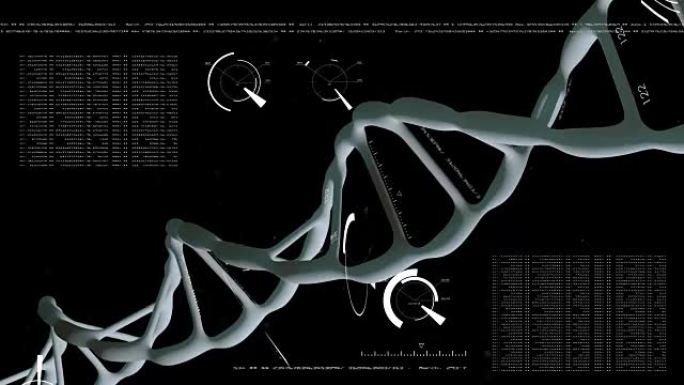 DNA。旋转蓝色DNA与配方和数据处理背景。基因工程科学概念。飞行粒子。在黑色背景上。3D动画。