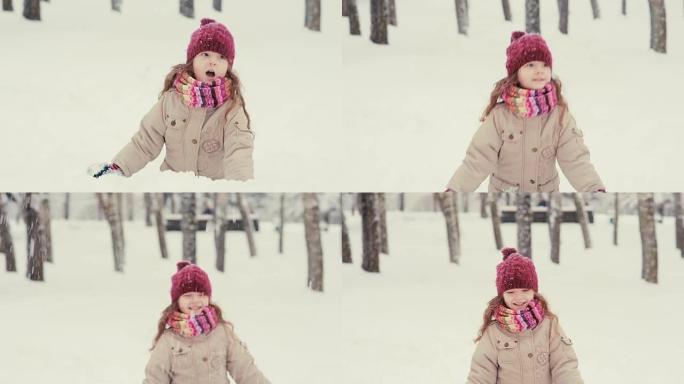 可爱的小女孩在雪地里玩耍，扔雪花