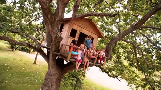 孩子们坐在绿叶树上的树屋边缘