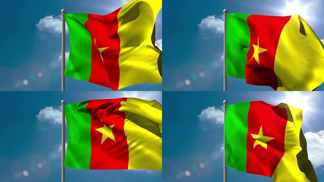 喀麦隆国旗在旗杆上挥舞