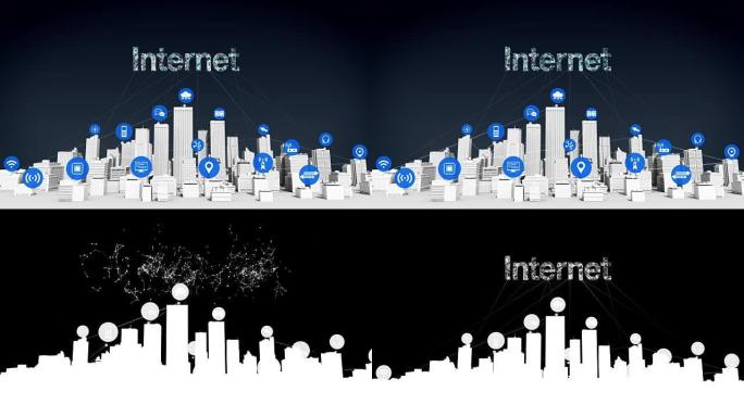智能城市上的东西传感器图标，连接网格错字 “互联网” 白色建筑。