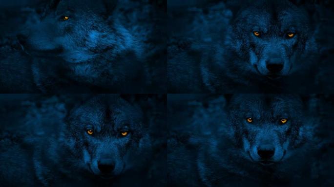 狼在晚上用发光的眼睛环顾四周