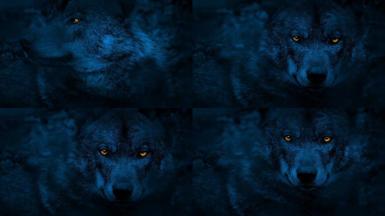 狼在晚上用发光的眼睛环顾四周