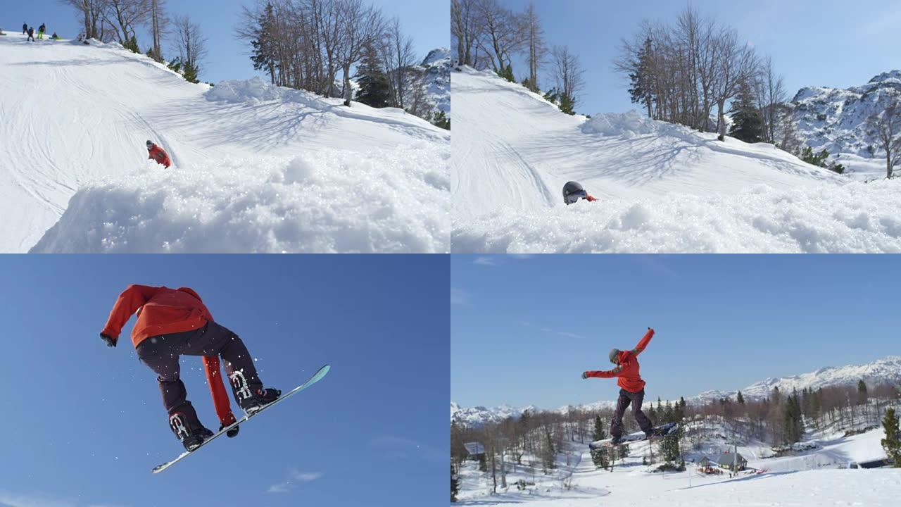 慢动作特写: 滑雪者在雪山跳着大踢脚，飞越太阳