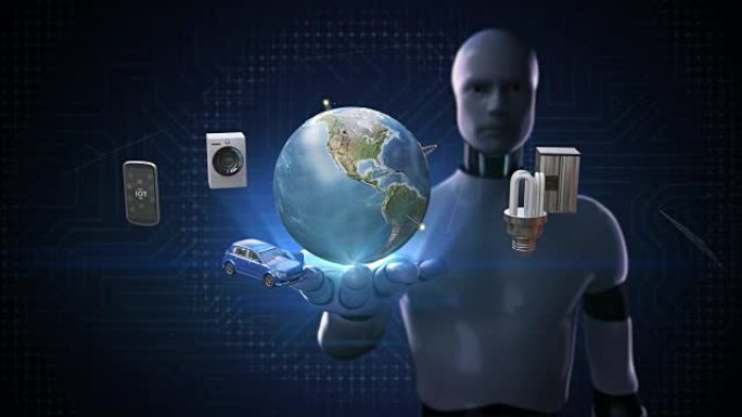 机器人，机器人开放手掌，全球地球网络通信连接移动，汽车，节能，洗衣机，冰箱，智能家居设备，物联网概念