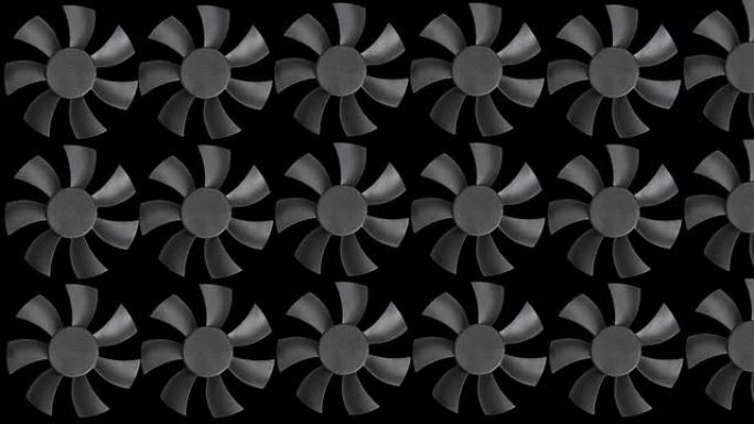 黑暗表面后面的风扇涡轮。动画。