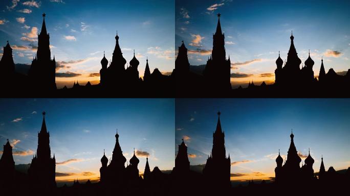 莫斯科历史中心红场和克里姆林宫塔楼剪影上华丽日落的延时