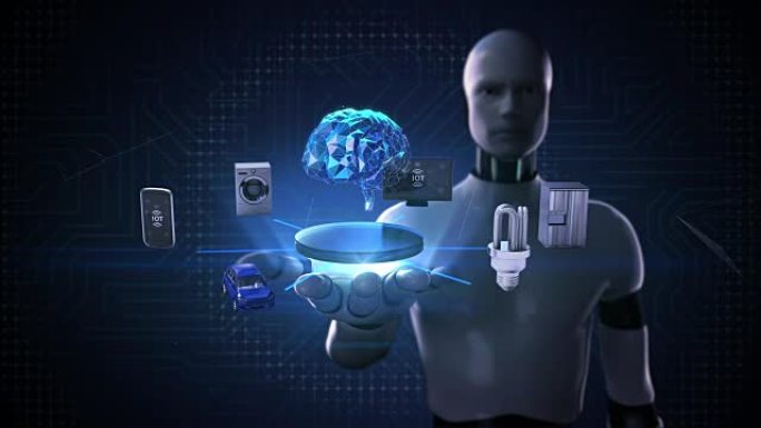 机器人，机器人开放手掌，数字大脑连接智能家居设备，物联网概念。人工智能。