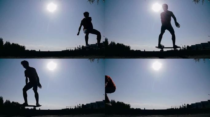 滑冰运动员骑在滑板上的史诗剪影。背景上的日落天空。慢动作，稳定拍摄