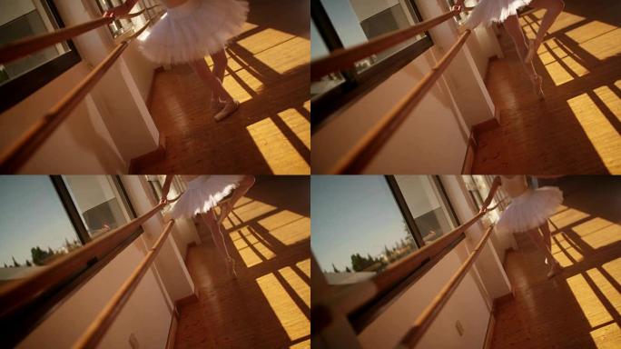 芭蕾舞女演员在巴雷练习她的直尖姿势