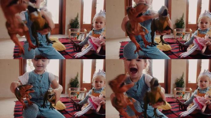 快乐的女孩在家里玩恐龙玩具很开心