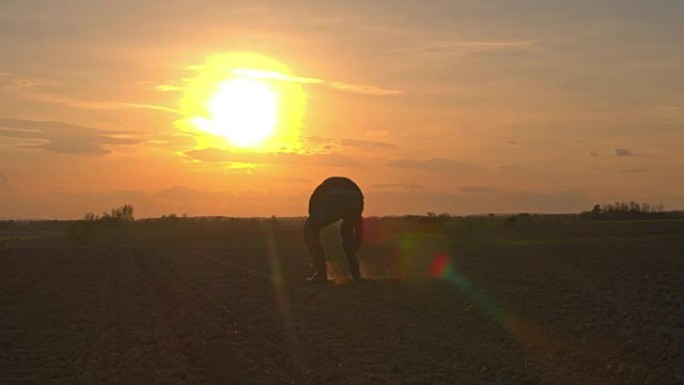 剪影农民女士站在日落时分阳光明媚，田园诗般的乡村田野中