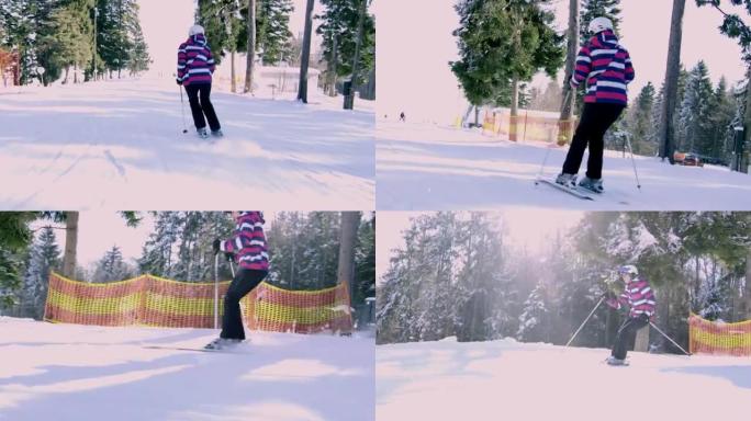 4k女子在白雪皑皑的滑雪坡上滑雪，慢动作