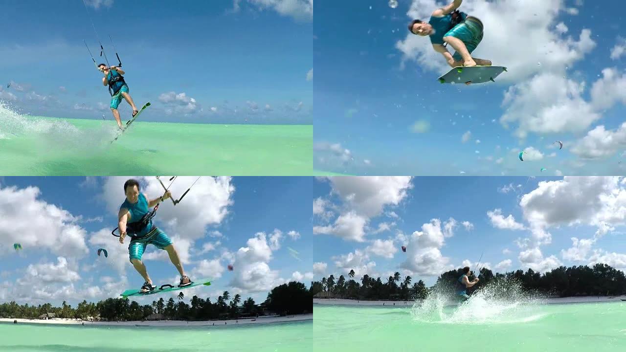慢动作:快乐的极限风筝滑板跳跃和溅水到摄像机