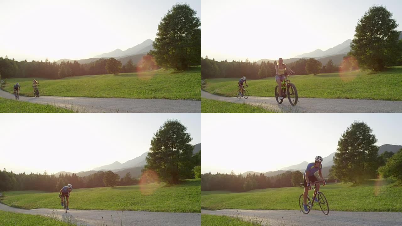 镜头耀斑: 酷炫的电动自行车上顽皮的女孩超过了职业骑手和波浪。
