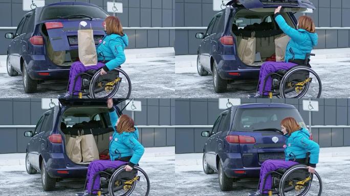 残疾女司机在车里装购物袋