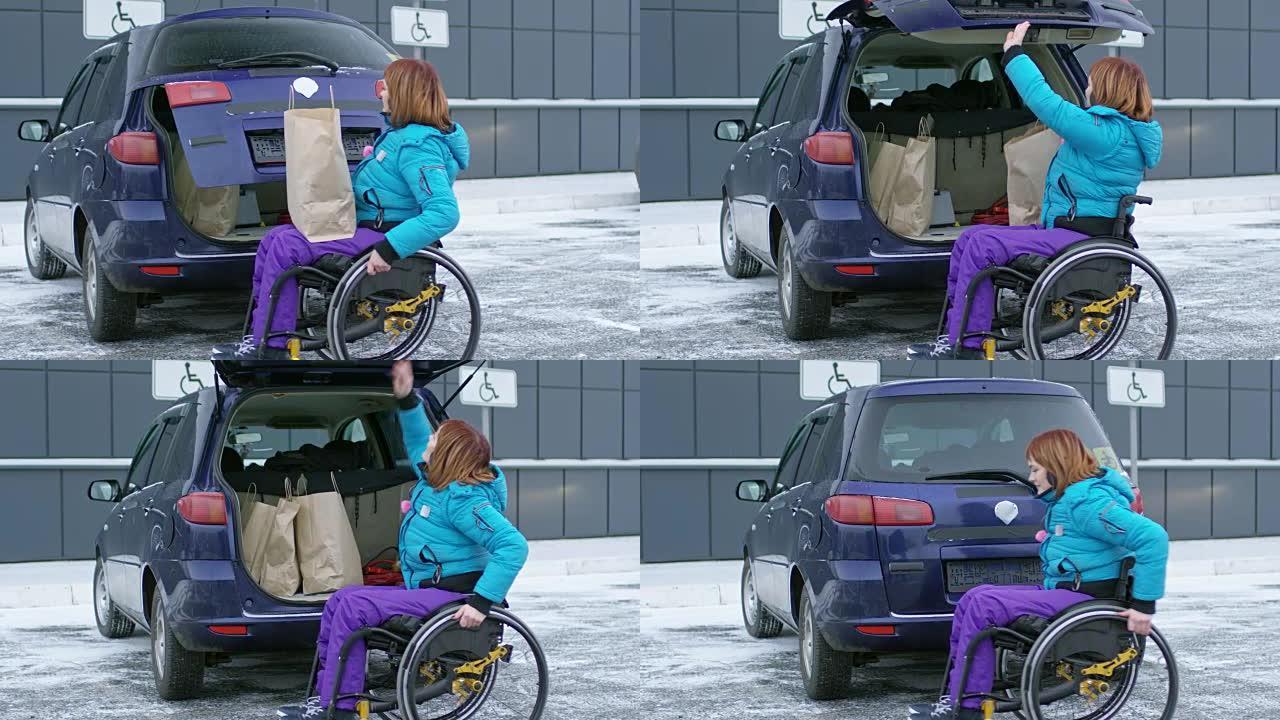 残疾女司机在车里装购物袋