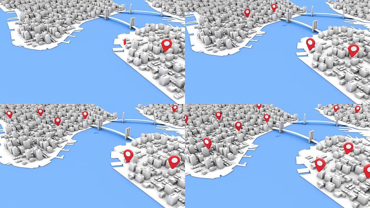 带有位置点的3D纽约市灵感航拍地图