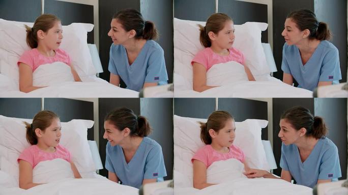 卧床儿童患者在医院病房与医生交谈